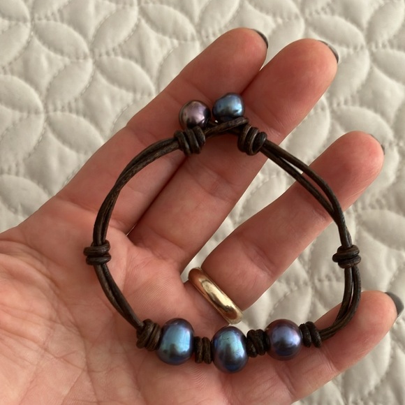 3 blue leather pearls adjustable bracelet - Picture 5 of 7